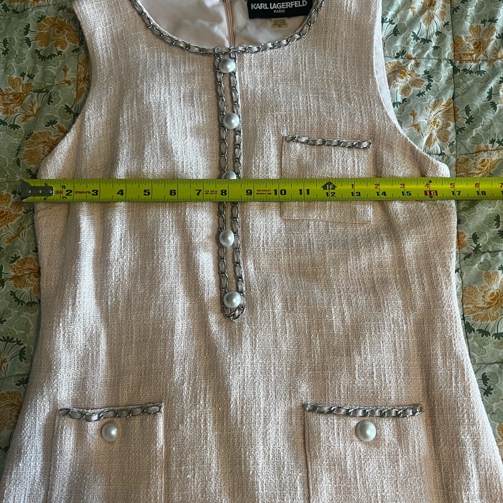 Karl Lagerfeld Blush Pink Tweed Mini Dress with Chain Trim - Picture 4 of 6